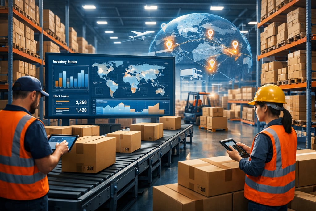 Modern warehouse inventory management system with workers tracking stock and supply chain data