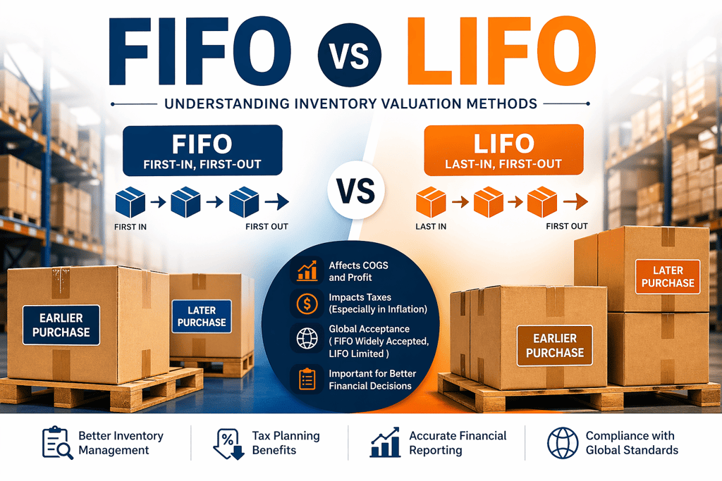FIFO vs LIFO inventory valuation methods illustrated with warehouse boxes showing FIFO and LIFO