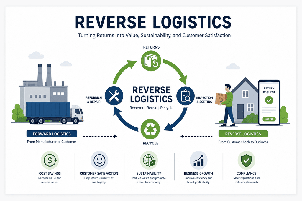 Reverse logistics flow and benefits infographic