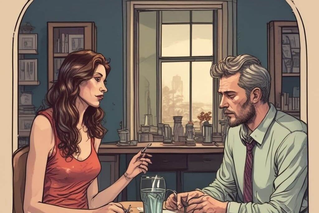 A couple sits at a table with documents, reflecting on their communication challenges in their relationship.