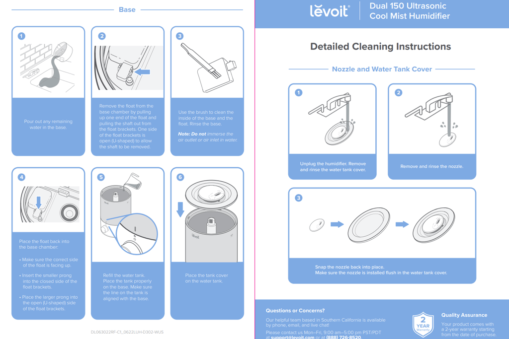 Levoit cleaning manual showing step-by-step illustrated instructions for tank and nozzle
