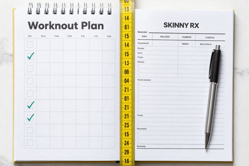 Weight loss exercise equipment and GLP-1 medical pen showing fastest way to burn fat with SkinnyRx