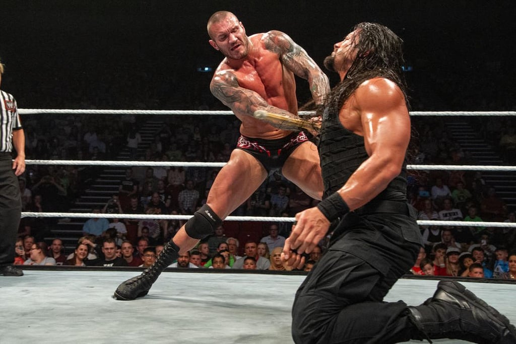 Randy Orton fighting Roman Reigns in WWE wrestling
