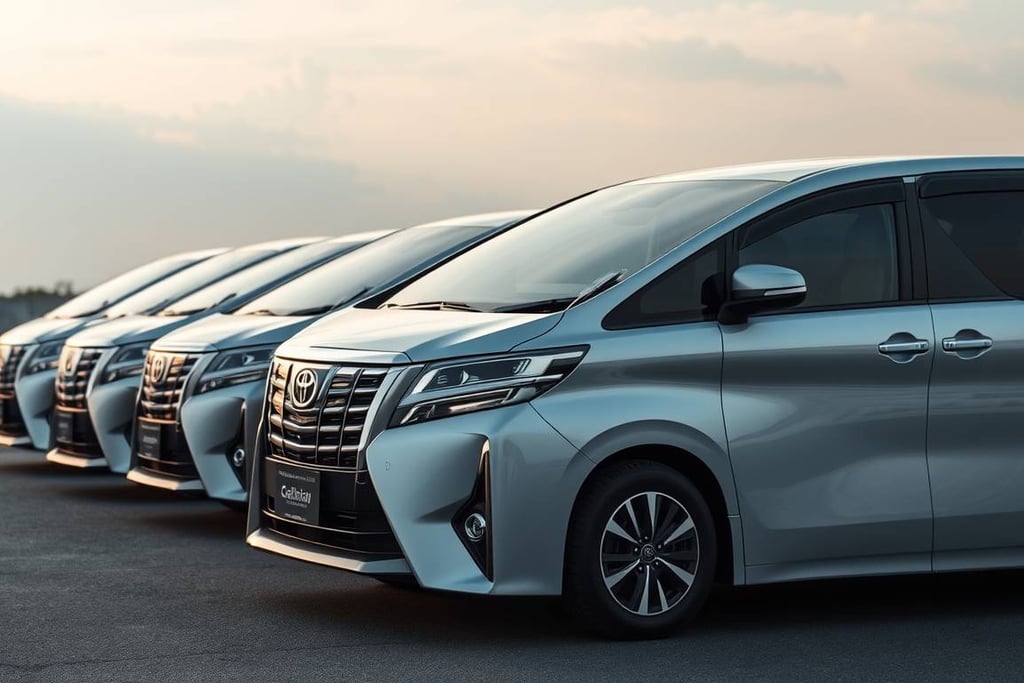 Row of Toyota Alphard luxury vans ready for airport transfers and VIP chauffeur service in Thailand