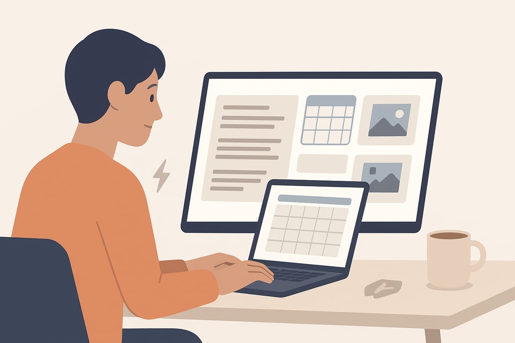 Trabajo con IA: texto, calendario y miniaturas en pantalla, escritorio simple.