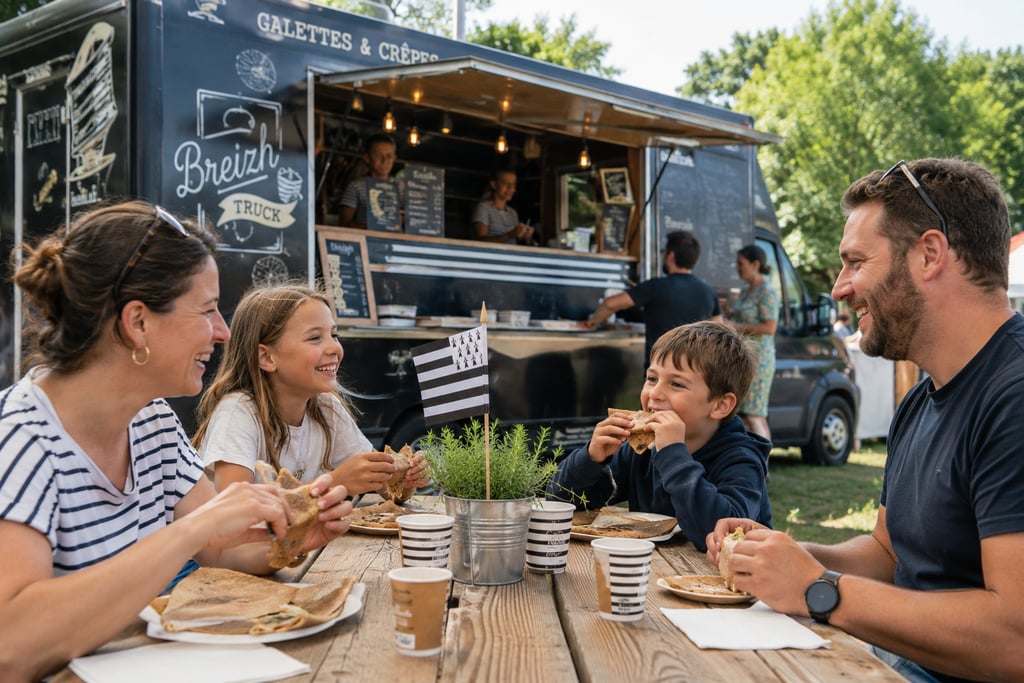 famille partageant un repas autour d'un food truck breton