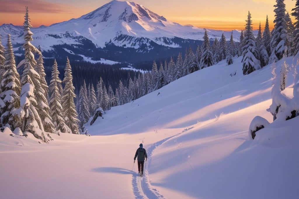 A skier pausing on a Paradise trail, gazing at Mt. Rainier's snow-covered summit