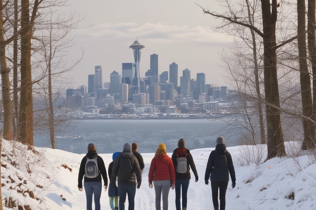 A group walking Discovery Park's snowy trails, with Seattle's skyline and Puget Sound shimmer