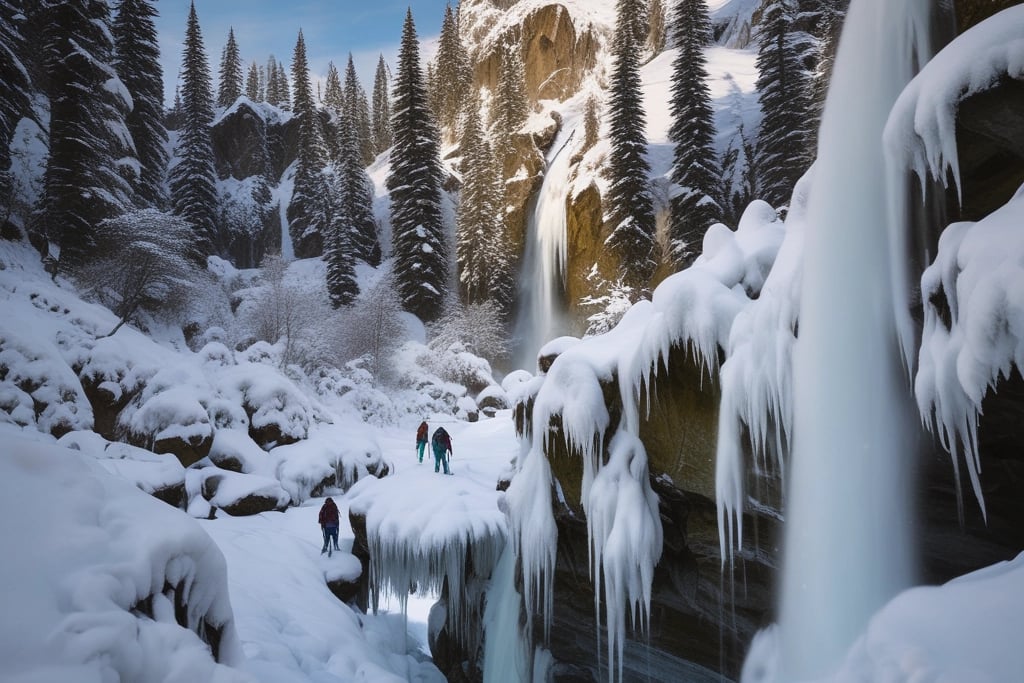 A group snowshoeing near Proxy Falls, with frozen waterfalls glistening against mossy basalt
