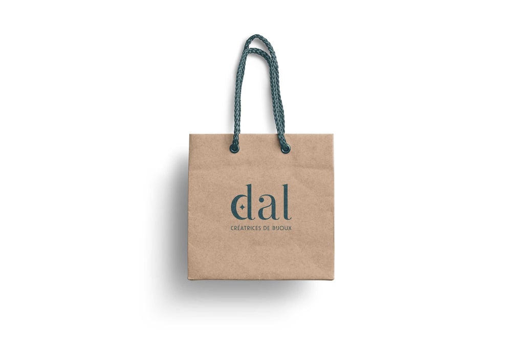 Identité visuelle DAL Créations, application packaging, sac kraft
