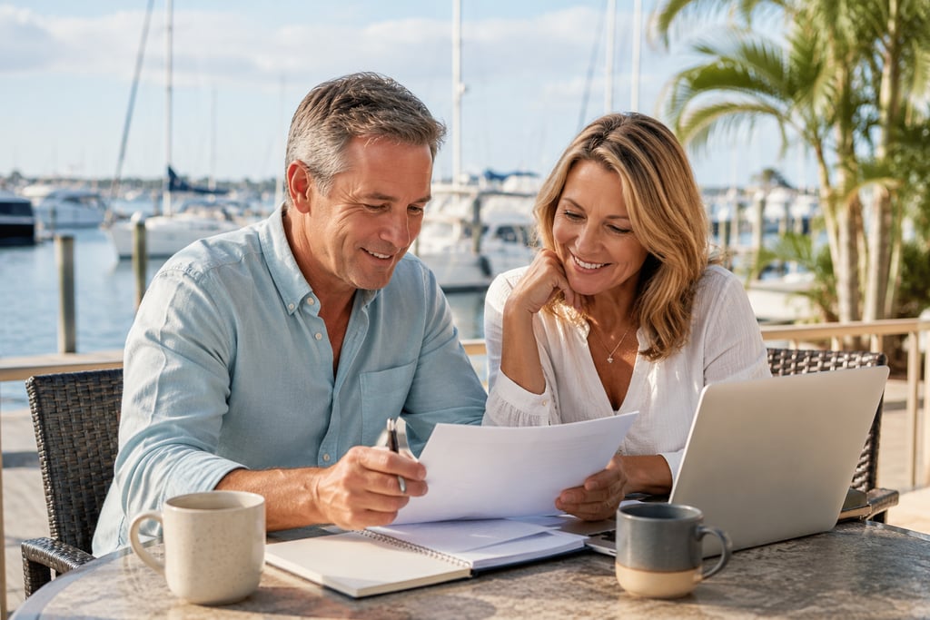 Couple reviewing insurance and financial planning documents.