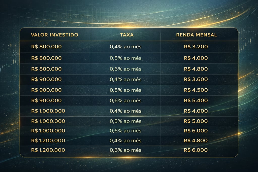 Tabela de investimento mostrando simulações de renda mensal com taxas de juros para altos montantes