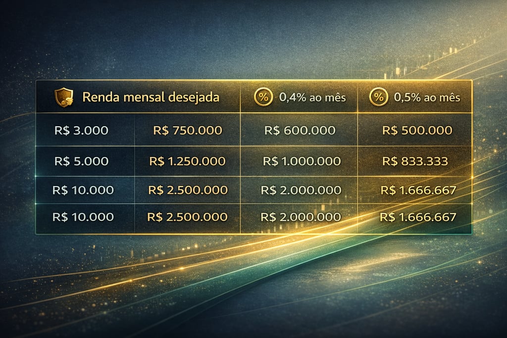 Tabela financeira de renda mensal desejada e investimentos necessários em reais com taxas de juros.