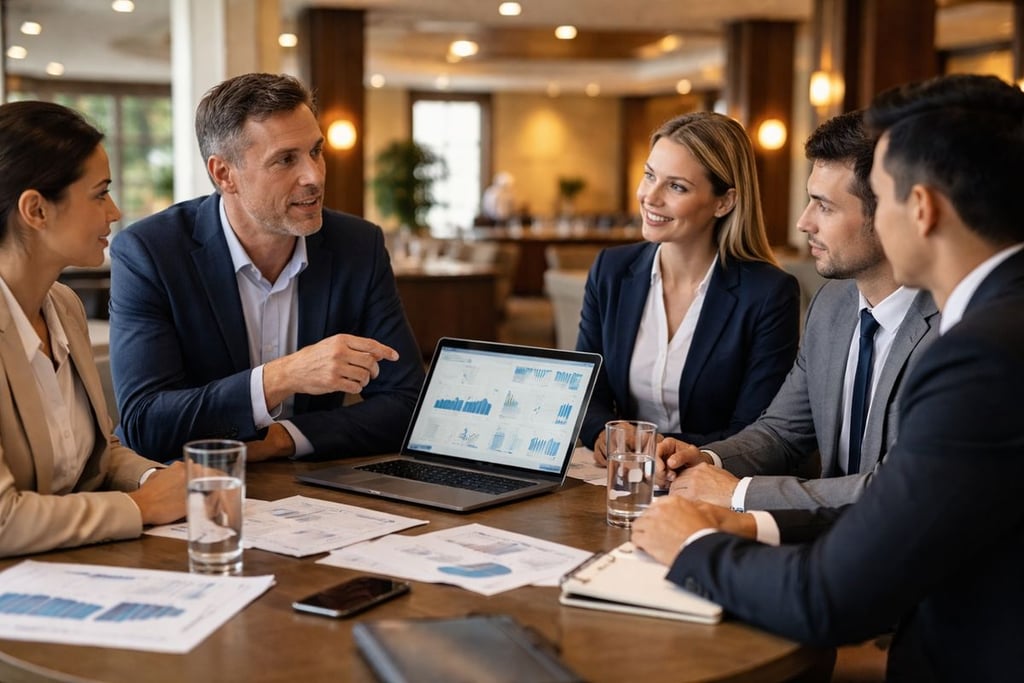 Hotel management team reviewing performance data during operations consulting session