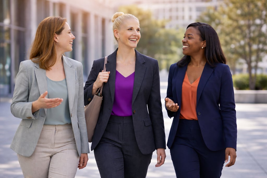 Three women walking on city street