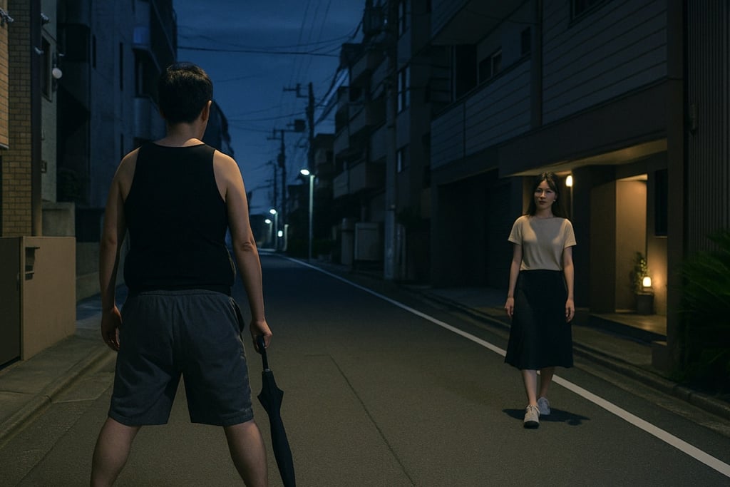 夜の路上で黒色タンクトップとグレー色の半ズボン姿の男が黒い傘を持ち、女性の前で男が下半身を露出しているイメージ画像｜堺市のニュースならサカイタイムズ