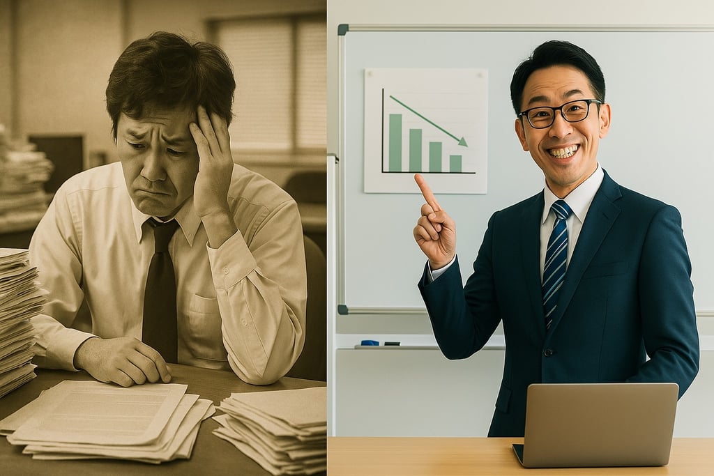 セピア調の過去写真で紙が山積みの職員と、現代の机がすっきりした職員を並べた16:9比較画像｜堺市のニュースならサカイタイムズ