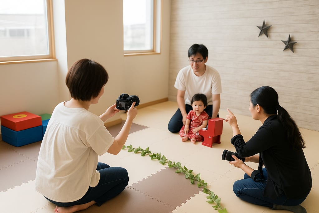 屋内でプロのカメラマン（女性）が写真撮影を依頼している親にしながらモデルの子どもを写真撮影している様子