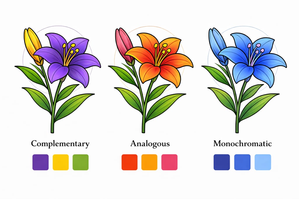 Floral color theory chart showing complementary, analogous, and monochromatic lily flower arrangements.