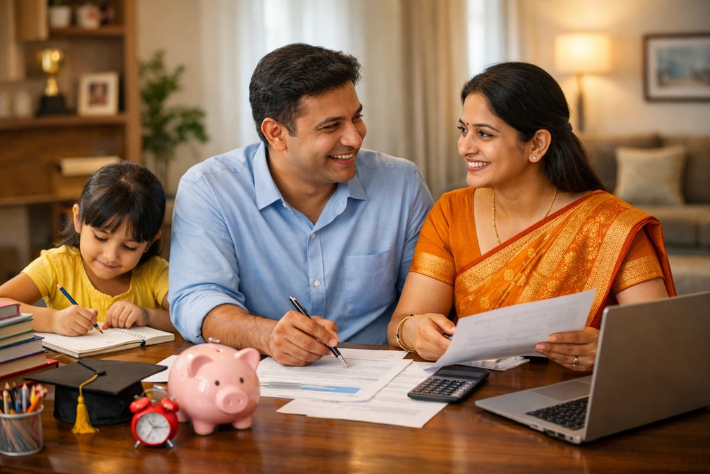 Indian family planning child education with insurance documents, laptop, piggy bank,.