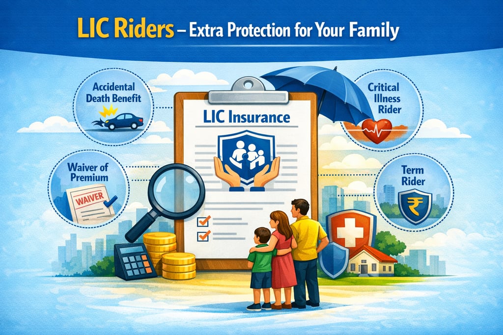 Insurance riders illustration showing extra protection benefits in LIC policy