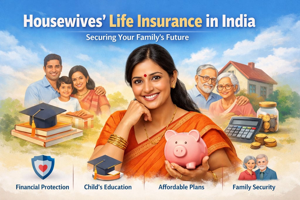Indian housewife life insurance concept showing family protection child education.