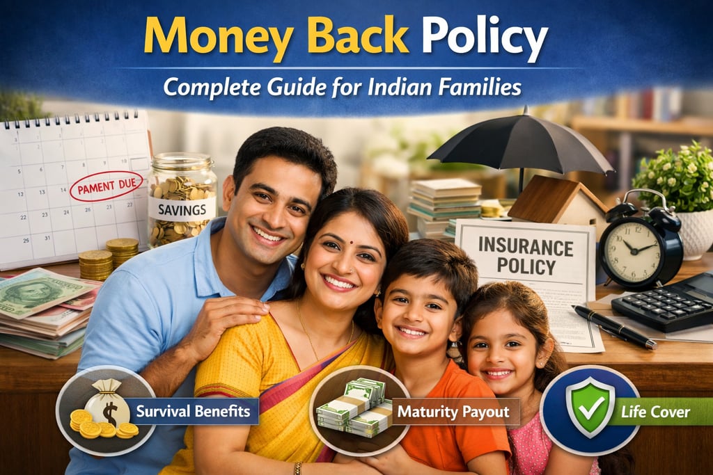 Happy Indian family with financial symbols explaining Money Back Policy benefits