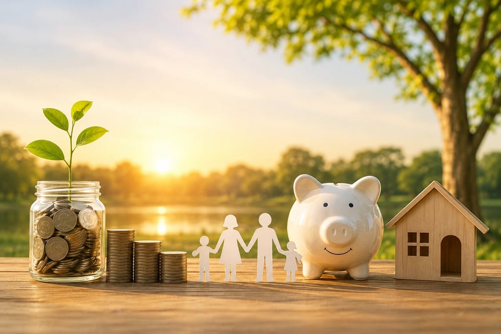 Family retirement planning concept with savings jar, coins, piggy bank, and house model at sunset.