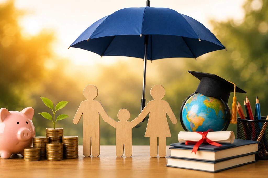 Family, savings, and education symbols representing long-term financial security for a child.