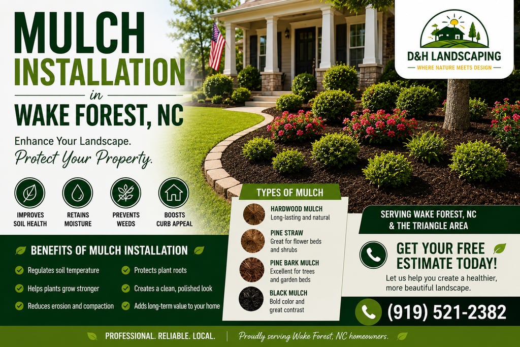 Professional mulch installation in Wake Forest NC featuring fresh mulch, landscaped flower beds, healthy shrubs