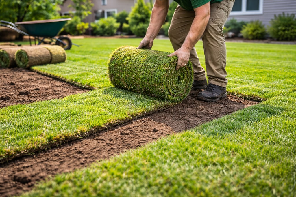 landscaping worker installing fresh sod to create a new residential lawn in Garner North Carolina
