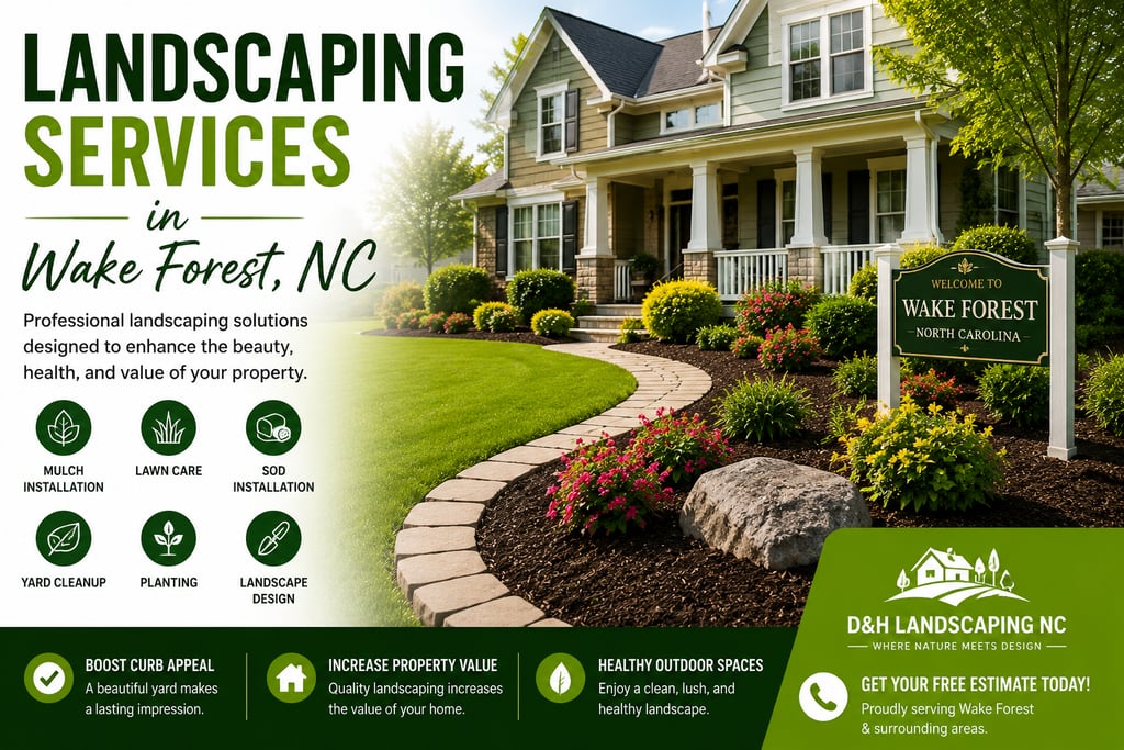 Professional landscaping services in Wake Forest NC with mulch installation, lawn care, and beautiful landscape design