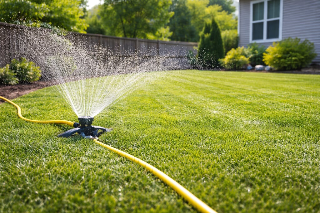 watering a newly installed sod lawn to help the grass establish strong roots in a residential yard i