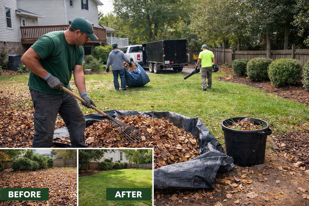 Yard clean up service in Garner NC removing leaves and debris from residential lawn for a clean and maintained landscape