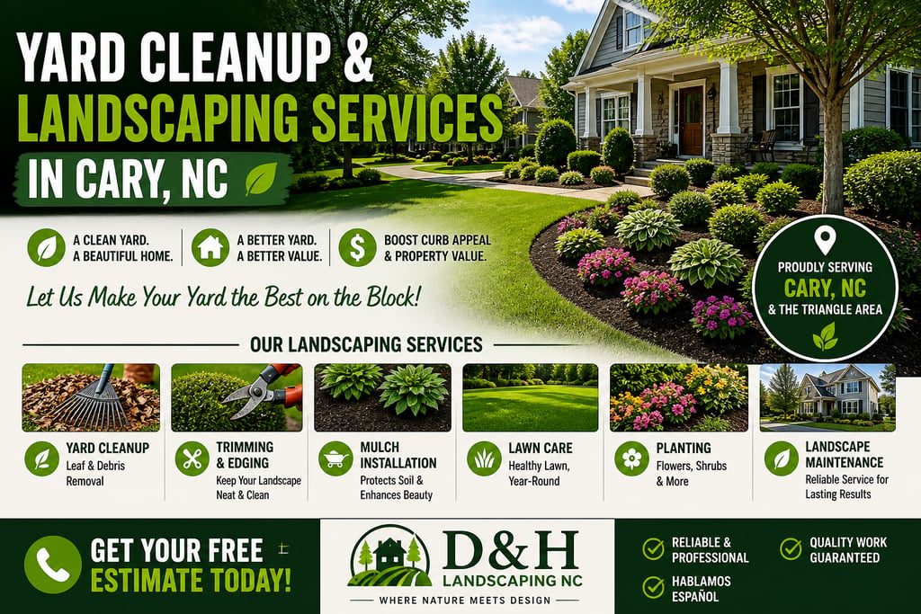 Professional yard cleanup and landscaping service in Cary NC improving lawn and curb appeal