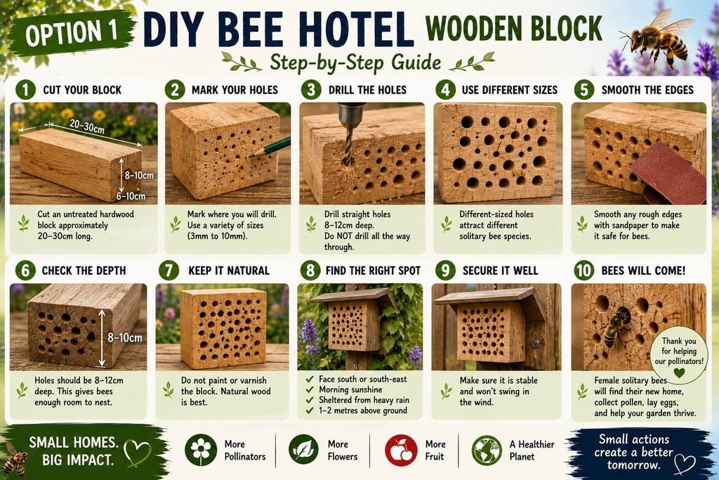 Step-by-step infographic guide for a DIY bee hotel using a wooden block for solitary bees.