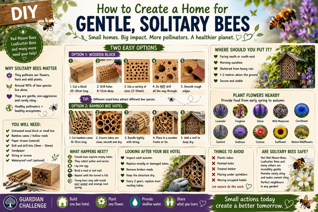 An educational infographic showing how to build a DIY solitary bee hotel using wooden blocks or bamboo canes.