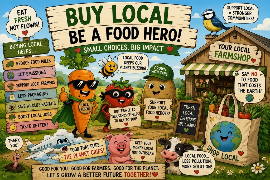 Educational cartoon infographic promoting local farming with vegetable characters and benefits of buying local food.