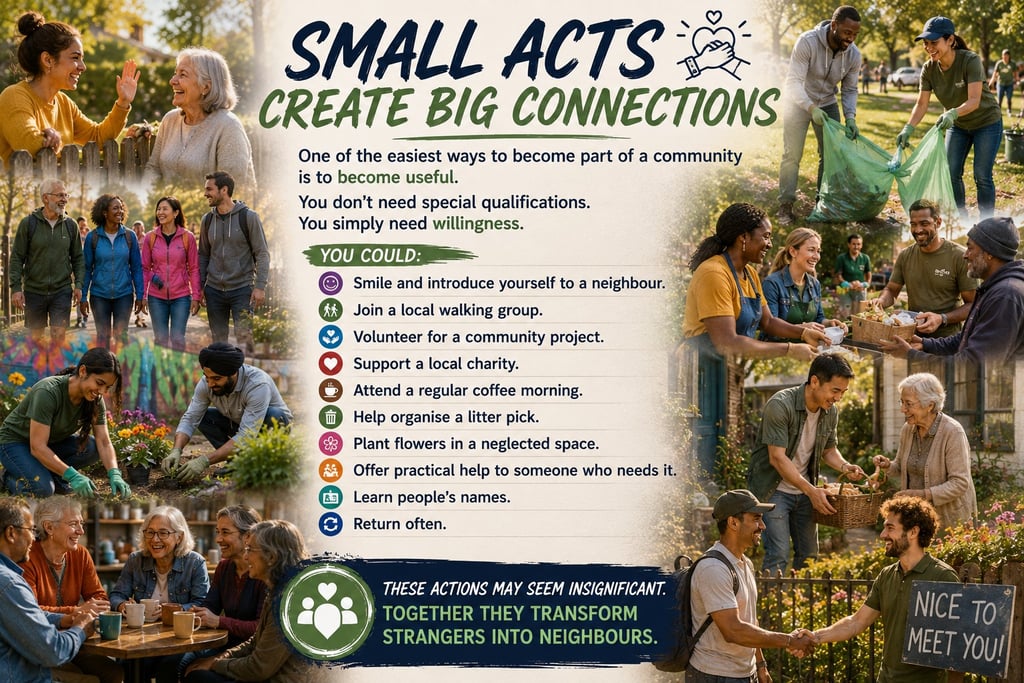A community poster showing diverse people volunteering, gardening, and connecting with neighbors to build local