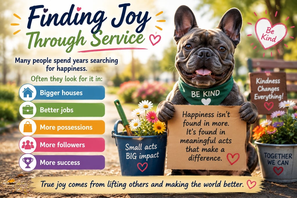 A cheerful French bulldog holding an inspirational sign about finding joy through service and kindness.