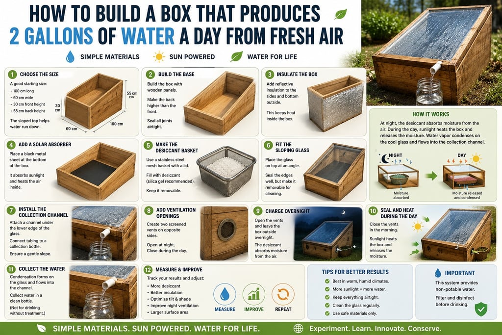 Step-by-step infographic guide on how to build a solar-powered atmospheric water generator box using desiccant.