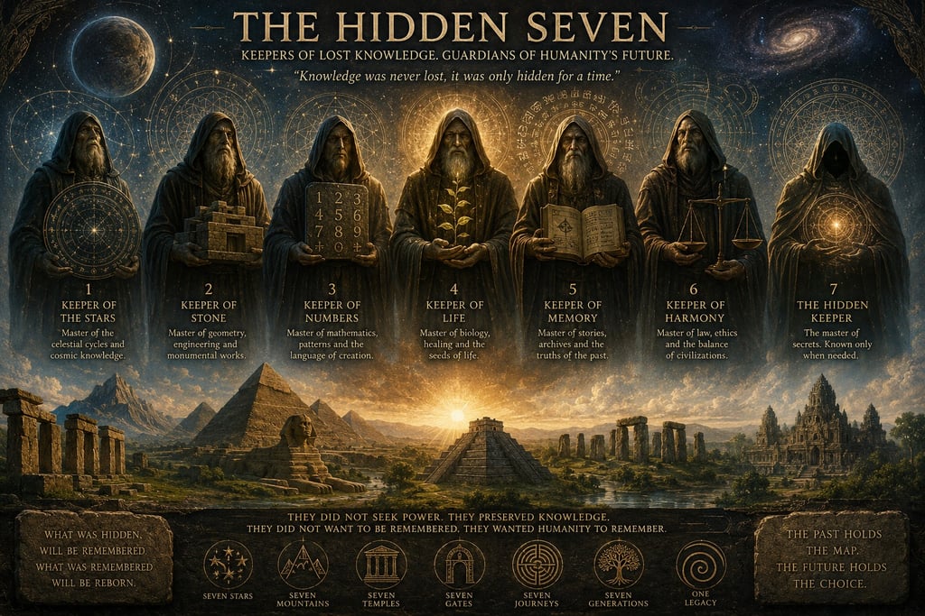 Fantasy illustration of The Hidden Seven guardians standing above ancient pyramids and ruins.