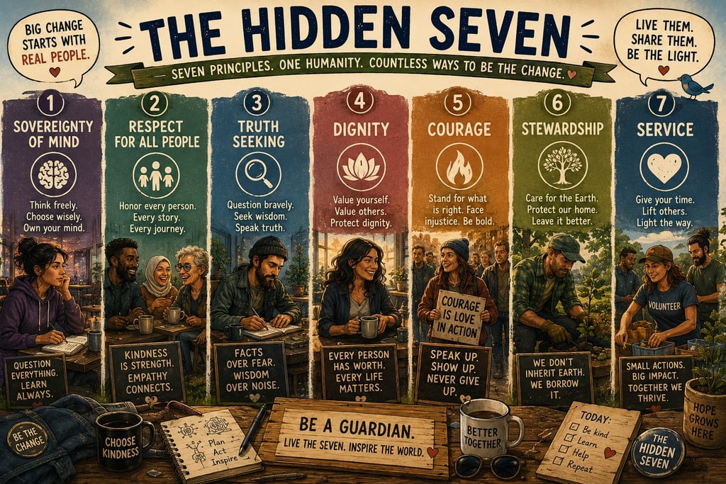 Infographic showing 'The Hidden Seven' principles for humanity with illustrations of people practicing stewardship, service