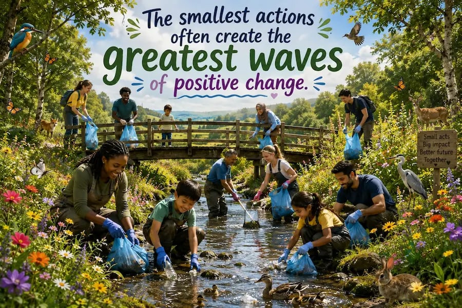 Diverse volunteers cleaning a river in nature with the quote about small actions creating positive change.
