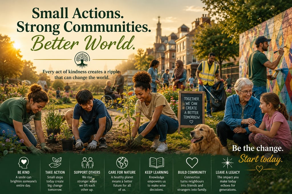 Diverse volunteers planting trees and cleaning a park to build a strong community and better world.