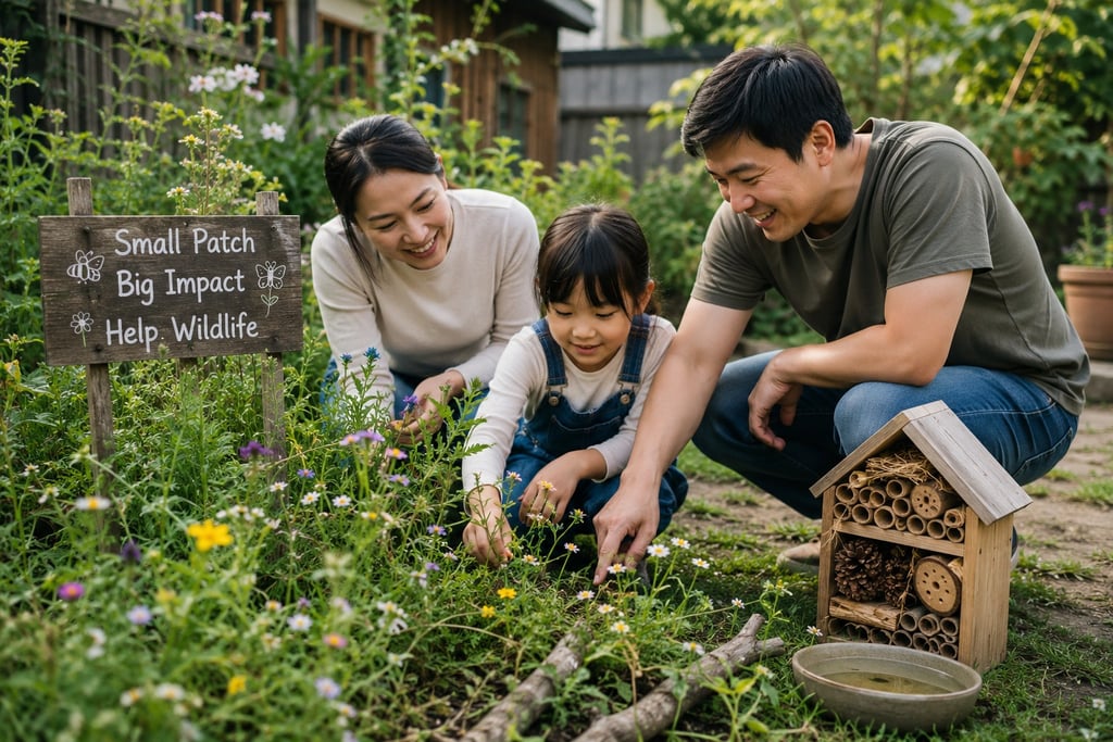 A happy family gardening in a wildlife-friendly backyard with a bug hotel and native wildflowers.
