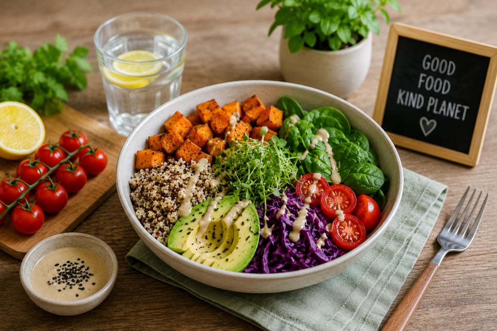 Colorful plant-based meal featuring vegetables, quinoa, avocado, and other sustainable food choices.