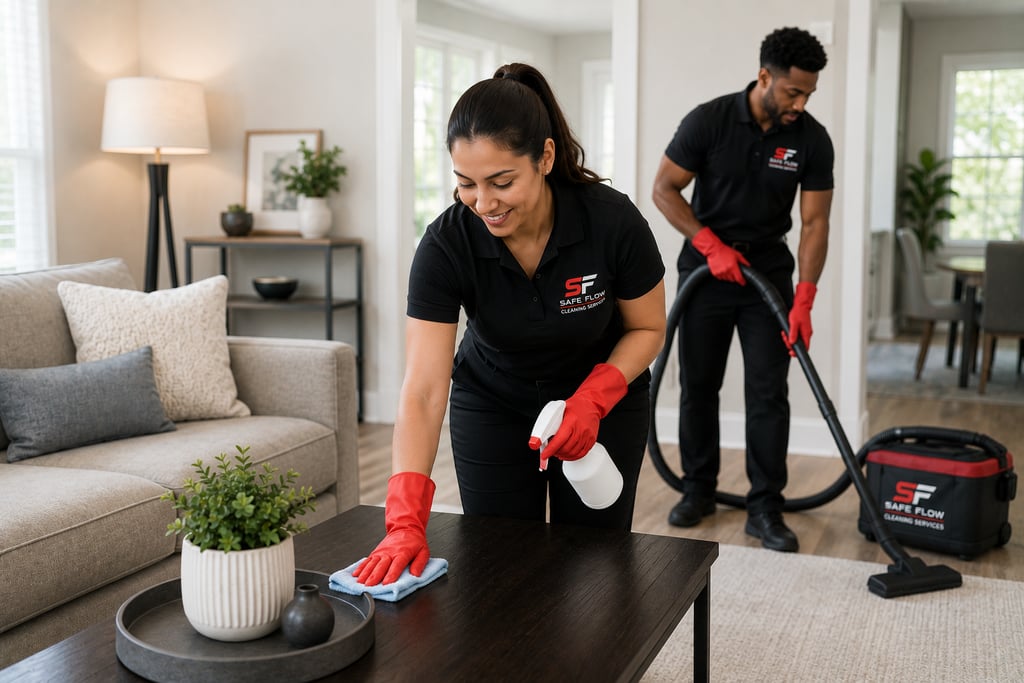 Professional residential cleaners sanitizing a living room table and vacuuming carpet.
