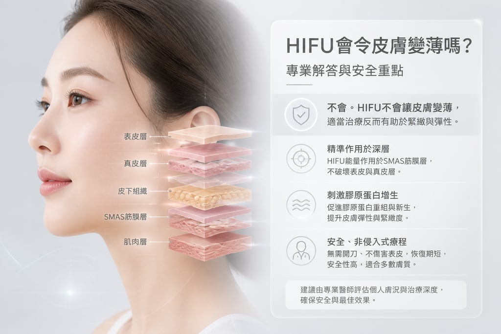HIFU是否會令皮膚變薄專業解析示意圖 HIFU作用於深層筋膜層並刺激膠原蛋白增生