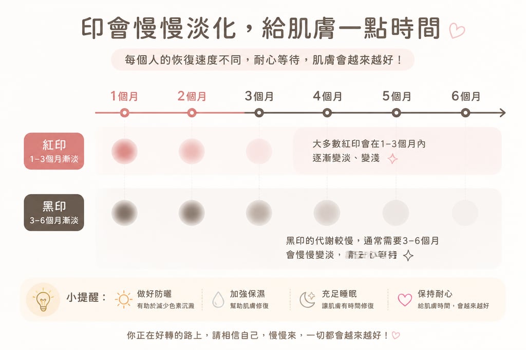 時間軸淡化圖 紅印:1–3個月漸淡 黑印:3–6個月漸淡